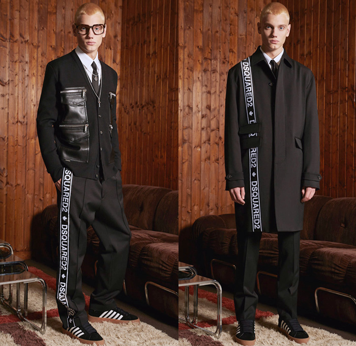 Dsquared2 2018 Pre Fall Autumn Mens Lookbook Presentation - Outdoorsman Denim Jeans Panels Distressed Outerwear Coat Parka Suit Bomber Motorcycle Biker Jacket Knit Sweater Cardigan Vest Waistcoat Cargo Pockets Mohair Plaid Tartan Check Metallic Camouflage Shorts Wide Leg Pants Furry Hat Plush Shearling Sport Socks 5 Stripes Sneakers Reading Glasses Bowtie Sunglasses Trucker Cap Logo Typography Necktie Tuxedo Stripe