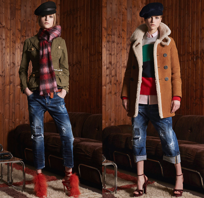 Dsquared2 2018 Pre Fall Autumn Womens Lookbook Presentation - Denim Jeans Outerwear Field Jacket Overcoat Peacoat Knit Sweater Sweatshirt Turtleneck Motorcycle Biker Tuxedo Jacket Plaid Tartan Check Stripes Corduroy Metallic Camouflage Wool Logo Tuxedo Stripe Leopard One Shoulder Strapless Dress Wide Leg Trousers Palazzo Pants Flare Long Skirt Officer Newspaperboy Bucket Hat Fedora Scarf Fleece Fur Heels Straps Cargo Pockets Thigh High Boots Half Gloves