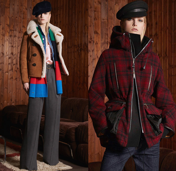 Dsquared2 2018 Pre Fall Autumn Womens Lookbook Presentation - Denim Jeans Outerwear Field Jacket Overcoat Peacoat Knit Sweater Sweatshirt Turtleneck Motorcycle Biker Tuxedo Jacket Plaid Tartan Check Stripes Corduroy Metallic Camouflage Wool Logo Tuxedo Stripe Leopard One Shoulder Strapless Dress Wide Leg Trousers Palazzo Pants Flare Long Skirt Officer Newspaperboy Bucket Hat Fedora Scarf Fleece Fur Heels Straps Cargo Pockets Thigh High Boots Half Gloves