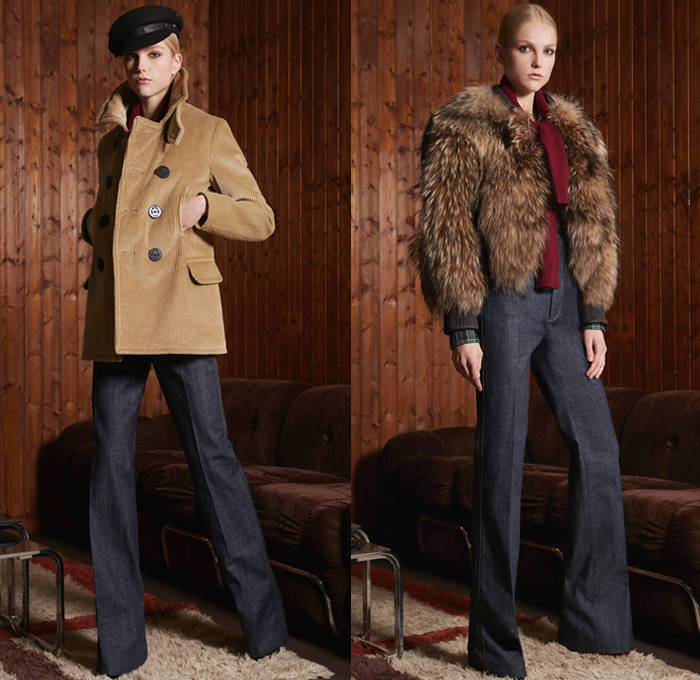 Dsquared2 2018 Pre Fall Autumn Womens Lookbook Presentation - Denim Jeans Outerwear Field Jacket Overcoat Peacoat Knit Sweater Sweatshirt Turtleneck Motorcycle Biker Tuxedo Jacket Plaid Tartan Check Stripes Corduroy Metallic Camouflage Wool Logo Tuxedo Stripe Leopard One Shoulder Strapless Dress Wide Leg Trousers Palazzo Pants Flare Long Skirt Officer Newspaperboy Bucket Hat Fedora Scarf Fleece Fur Heels Straps Cargo Pockets Thigh High Boots Half Gloves