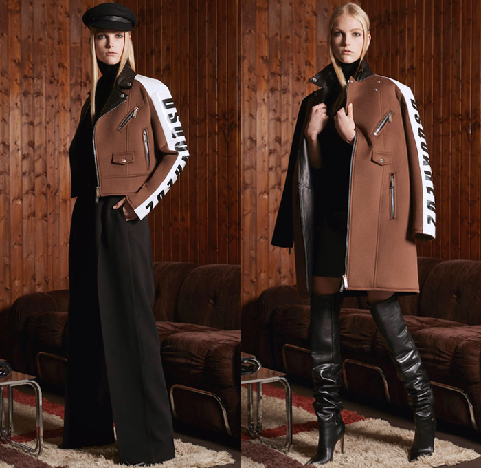 Dsquared2 2018 Pre Fall Autumn Womens Lookbook Presentation - Denim Jeans Outerwear Field Jacket Overcoat Peacoat Knit Sweater Sweatshirt Turtleneck Motorcycle Biker Tuxedo Jacket Plaid Tartan Check Stripes Corduroy Metallic Camouflage Wool Logo Tuxedo Stripe Leopard One Shoulder Strapless Dress Wide Leg Trousers Palazzo Pants Flare Long Skirt Officer Newspaperboy Bucket Hat Fedora Scarf Fleece Fur Heels Straps Cargo Pockets Thigh High Boots Half Gloves