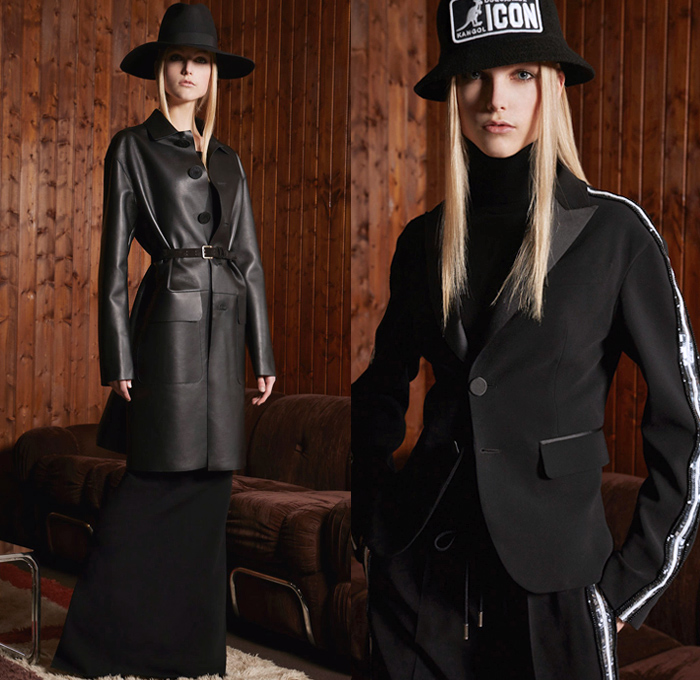 Dsquared2 2018 Pre Fall Autumn Womens Lookbook Presentation - Denim Jeans Outerwear Field Jacket Overcoat Peacoat Knit Sweater Sweatshirt Turtleneck Motorcycle Biker Tuxedo Jacket Plaid Tartan Check Stripes Corduroy Metallic Camouflage Wool Logo Tuxedo Stripe Leopard One Shoulder Strapless Dress Wide Leg Trousers Palazzo Pants Flare Long Skirt Officer Newspaperboy Bucket Hat Fedora Scarf Fleece Fur Heels Straps Cargo Pockets Thigh High Boots Half Gloves