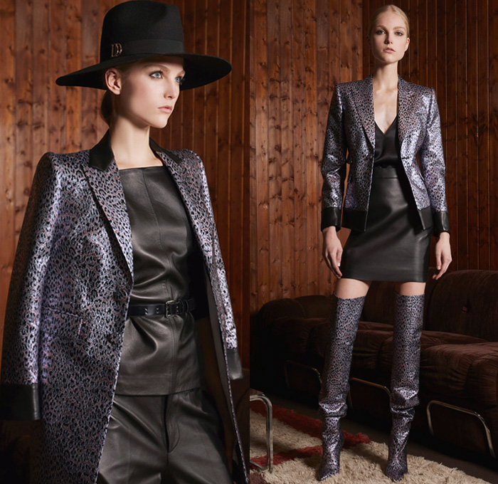 Dsquared2 2018 Pre Fall Autumn Womens Lookbook Presentation - Denim Jeans Outerwear Field Jacket Overcoat Peacoat Knit Sweater Sweatshirt Turtleneck Motorcycle Biker Tuxedo Jacket Plaid Tartan Check Stripes Corduroy Metallic Camouflage Wool Logo Tuxedo Stripe Leopard One Shoulder Strapless Dress Wide Leg Trousers Palazzo Pants Flare Long Skirt Officer Newspaperboy Bucket Hat Fedora Scarf Fleece Fur Heels Straps Cargo Pockets Thigh High Boots Half Gloves