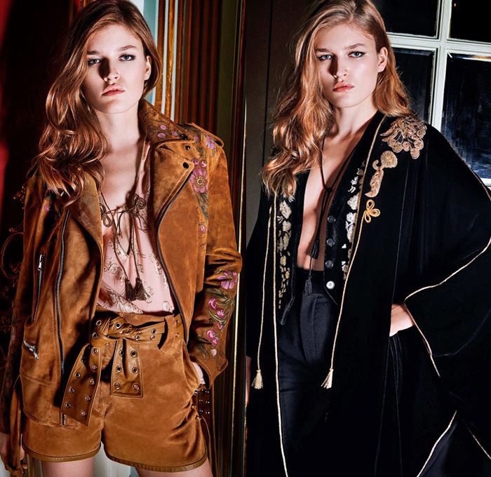 Peter Dundas 2018 Pre Fall Autumn Womens Lookbook Presentation - Bohemian Boho Chic Gypsy Dress Kaftan Camouflage Flowers Floral Embroidery Velvet Decorative Art Bedazzled Sequins Lace Flapper Speakeasy Fringes Eagle Motif Robe Suede Motorcycle Biker Jacket Onesie Jumpsuit Coveralls Pantsuit Bandeau Blouse Halterneck Noodle Strap One Shoulder Strapless Sheer Chiffon Organza Tulle Tiered High Slit Dovetail Mullet Hem High-Low High Goddess Gown Maxi Dress Eveningwear Shorts Straps Heels Boots