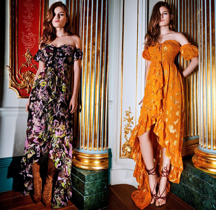 Peter Dundas 2018 Pre Fall Autumn Womens Lookbook Presentation - Bohemian Boho Chic Gypsy Dress Kaftan Camouflage Flowers Floral Embroidery Velvet Decorative Art Bedazzled Sequins Lace Flapper Speakeasy Fringes Eagle Motif Robe Suede Motorcycle Biker Jacket Onesie Jumpsuit Coveralls Pantsuit Bandeau Blouse Halterneck Noodle Strap One Shoulder Strapless Sheer Chiffon Organza Tulle Tiered High Slit Dovetail Mullet Hem High-Low High Goddess Gown Maxi Dress Eveningwear Shorts Straps Heels Boots