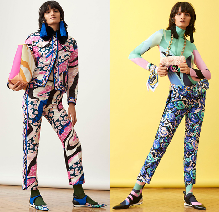 Emilio Pucci 2018 Pre Fall Autumn Womens Lookbook Presentation - Pop Art Andy Warhol Edie Sedgwick Botticelli Flowers Floral Embroidery Bedazzled Sequins Stripes Spots Fringes Tassels Lace Sheer Chiffon Overcoat Hanging Sleeve Knit Sweater Turtleneck Blouse Cinch Plush Fur Pantsuit Bell Hem Tiered Dress Gown Eveningwear Shirtdress Jeans Shorts Miniskirt Leggings Tights Leg Warmers Gloves Tie Up Back Flats Crossbody Bag Tote Sunglasses Socks Scarf Fanny Pack Waist Pouch Belt BagNeck Ruffle