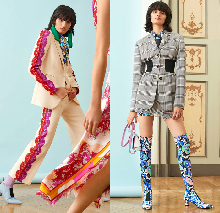 Emilio Pucci 2018 Pre Fall Autumn Womens Lookbook Presentation - Pop Art Andy Warhol Edie Sedgwick Botticelli Flowers Floral Embroidery Bedazzled Sequins Stripes Spots Fringes Tassels Lace Sheer Chiffon Overcoat Hanging Sleeve Knit Sweater Turtleneck Blouse Cinch Plush Fur Pantsuit Bell Hem Tiered Dress Gown Eveningwear Shirtdress Jeans Shorts Miniskirt Leggings Tights Leg Warmers Gloves Tie Up Back Flats Crossbody Bag Tote Sunglasses Socks Scarf Fanny Pack Waist Pouch Belt BagNeck Ruffle