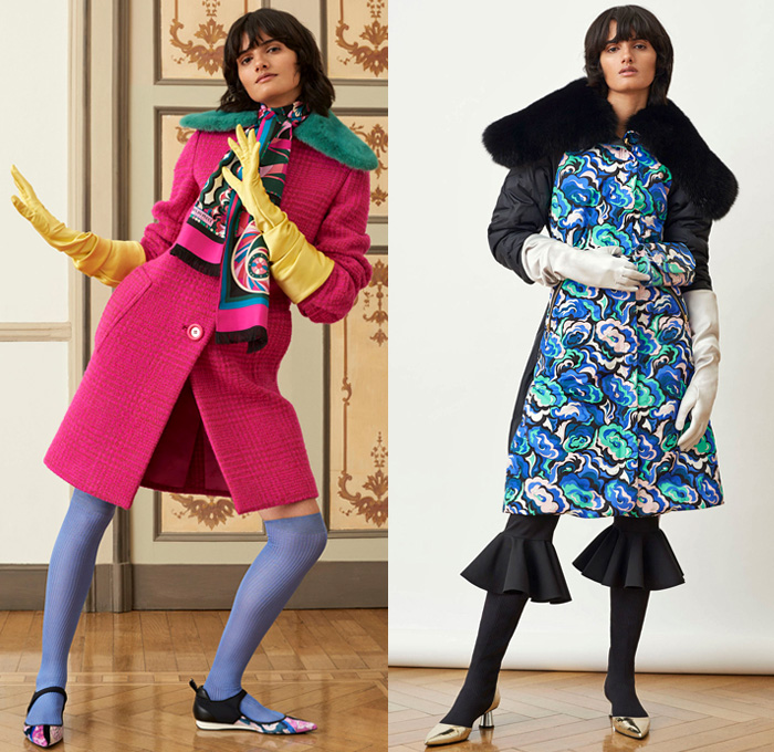 Emilio Pucci 2018 Pre Fall Autumn Womens Lookbook Presentation - Pop Art Andy Warhol Edie Sedgwick Botticelli Flowers Floral Embroidery Bedazzled Sequins Stripes Spots Fringes Tassels Lace Sheer Chiffon Overcoat Hanging Sleeve Knit Sweater Turtleneck Blouse Cinch Plush Fur Pantsuit Bell Hem Tiered Dress Gown Eveningwear Shirtdress Jeans Shorts Miniskirt Leggings Tights Leg Warmers Gloves Tie Up Back Flats Crossbody Bag Tote Sunglasses Socks Scarf Fanny Pack Waist Pouch Belt BagNeck Ruffle