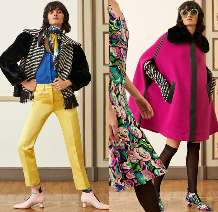 Emilio Pucci 2018 Pre Fall Autumn Womens Lookbook Presentation - Pop Art Andy Warhol Edie Sedgwick Botticelli Flowers Floral Embroidery Bedazzled Sequins Stripes Spots Fringes Tassels Lace Sheer Chiffon Overcoat Hanging Sleeve Knit Sweater Turtleneck Blouse Cinch Plush Fur Pantsuit Bell Hem Tiered Dress Gown Eveningwear Shirtdress Jeans Shorts Miniskirt Leggings Tights Leg Warmers Gloves Tie Up Back Flats Crossbody Bag Tote Sunglasses Socks Scarf Fanny Pack Waist Pouch Belt BagNeck Ruffle