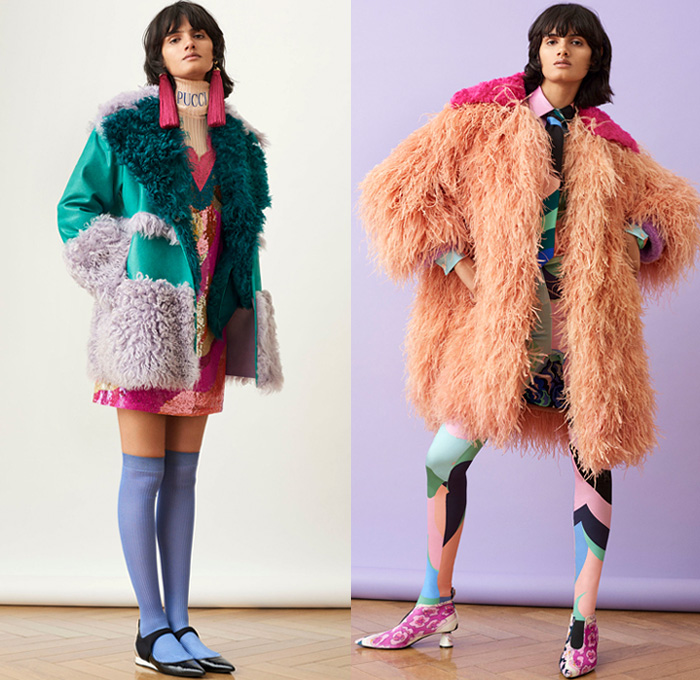 Emilio Pucci 2018 Pre Fall Autumn Womens Lookbook Presentation - Pop Art Andy Warhol Edie Sedgwick Botticelli Flowers Floral Embroidery Bedazzled Sequins Stripes Spots Fringes Tassels Lace Sheer Chiffon Overcoat Hanging Sleeve Knit Sweater Turtleneck Blouse Cinch Plush Fur Pantsuit Bell Hem Tiered Dress Gown Eveningwear Shirtdress Jeans Shorts Miniskirt Leggings Tights Leg Warmers Gloves Tie Up Back Flats Crossbody Bag Tote Sunglasses Socks Scarf Fanny Pack Waist Pouch Belt BagNeck Ruffle