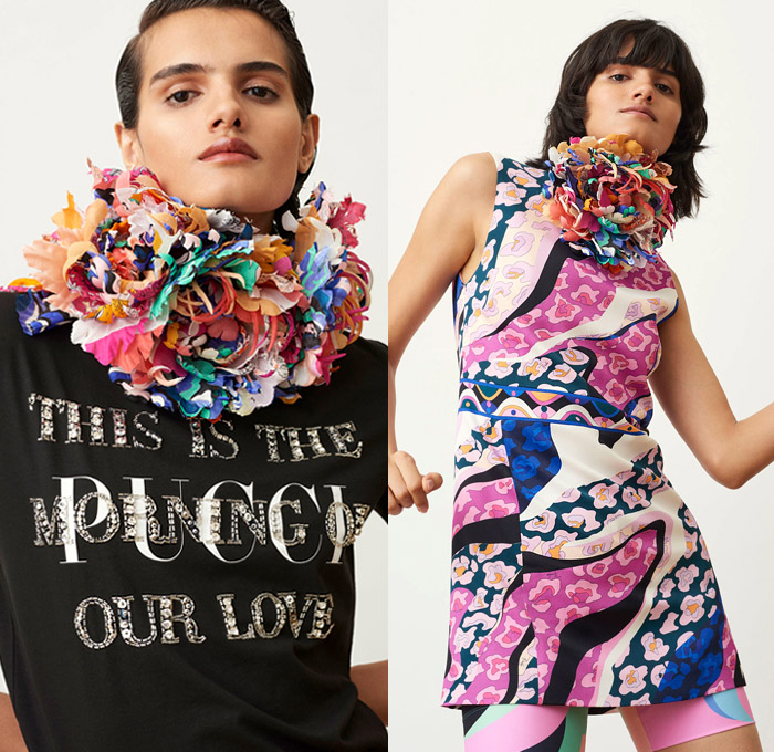 Emilio Pucci 2018 Pre Fall Autumn Womens Lookbook Presentation - Pop Art Andy Warhol Edie Sedgwick Botticelli Flowers Floral Embroidery Bedazzled Sequins Stripes Spots Fringes Tassels Lace Sheer Chiffon Overcoat Hanging Sleeve Knit Sweater Turtleneck Blouse Cinch Plush Fur Pantsuit Bell Hem Tiered Dress Gown Eveningwear Shirtdress Jeans Shorts Miniskirt Leggings Tights Leg Warmers Gloves Tie Up Back Flats Crossbody Bag Tote Sunglasses Socks Scarf Fanny Pack Waist Pouch Belt BagNeck Ruffle