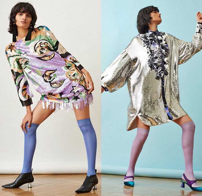 Emilio Pucci 2018 Pre Fall Autumn Womens Lookbook Presentation - Pop Art Andy Warhol Edie Sedgwick Botticelli Flowers Floral Embroidery Bedazzled Sequins Stripes Spots Fringes Tassels Lace Sheer Chiffon Overcoat Hanging Sleeve Knit Sweater Turtleneck Blouse Cinch Plush Fur Pantsuit Bell Hem Tiered Dress Gown Eveningwear Shirtdress Jeans Shorts Miniskirt Leggings Tights Leg Warmers Gloves Tie Up Back Flats Crossbody Bag Tote Sunglasses Socks Scarf Fanny Pack Waist Pouch Belt BagNeck Ruffle