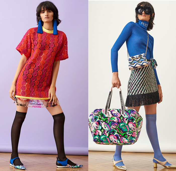 Emilio Pucci 2018 Pre Fall Autumn Womens Lookbook Presentation - Pop Art Andy Warhol Edie Sedgwick Botticelli Flowers Floral Embroidery Bedazzled Sequins Stripes Spots Fringes Tassels Lace Sheer Chiffon Overcoat Hanging Sleeve Knit Sweater Turtleneck Blouse Cinch Plush Fur Pantsuit Bell Hem Tiered Dress Gown Eveningwear Shirtdress Jeans Shorts Miniskirt Leggings Tights Leg Warmers Gloves Tie Up Back Flats Crossbody Bag Tote Sunglasses Socks Scarf Fanny Pack Waist Pouch Belt BagNeck Ruffle