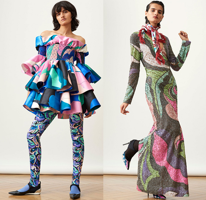 Emilio Pucci 2018 Pre Fall Autumn Womens Lookbook Presentation - Pop Art Andy Warhol Edie Sedgwick Botticelli Flowers Floral Embroidery Bedazzled Sequins Stripes Spots Fringes Tassels Lace Sheer Chiffon Overcoat Hanging Sleeve Knit Sweater Turtleneck Blouse Cinch Plush Fur Pantsuit Bell Hem Tiered Dress Gown Eveningwear Shirtdress Jeans Shorts Miniskirt Leggings Tights Leg Warmers Gloves Tie Up Back Flats Crossbody Bag Tote Sunglasses Socks Scarf Fanny Pack Waist Pouch Belt BagNeck Ruffle