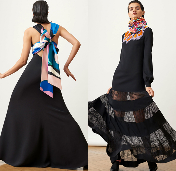 Emilio Pucci 2018 Pre Fall Autumn Womens Lookbook Presentation - Pop Art Andy Warhol Edie Sedgwick Botticelli Flowers Floral Embroidery Bedazzled Sequins Stripes Spots Fringes Tassels Lace Sheer Chiffon Overcoat Hanging Sleeve Knit Sweater Turtleneck Blouse Cinch Plush Fur Pantsuit Bell Hem Tiered Dress Gown Eveningwear Shirtdress Jeans Shorts Miniskirt Leggings Tights Leg Warmers Gloves Tie Up Back Flats Crossbody Bag Tote Sunglasses Socks Scarf Fanny Pack Waist Pouch Belt BagNeck Ruffle