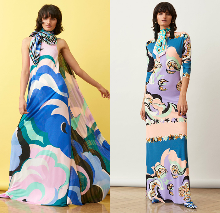 Emilio Pucci 2018 Pre Fall Autumn Womens Lookbook Presentation - Pop Art Andy Warhol Edie Sedgwick Botticelli Flowers Floral Embroidery Bedazzled Sequins Stripes Spots Fringes Tassels Lace Sheer Chiffon Overcoat Hanging Sleeve Knit Sweater Turtleneck Blouse Cinch Plush Fur Pantsuit Bell Hem Tiered Dress Gown Eveningwear Shirtdress Jeans Shorts Miniskirt Leggings Tights Leg Warmers Gloves Tie Up Back Flats Crossbody Bag Tote Sunglasses Socks Scarf Fanny Pack Waist Pouch Belt BagNeck Ruffle