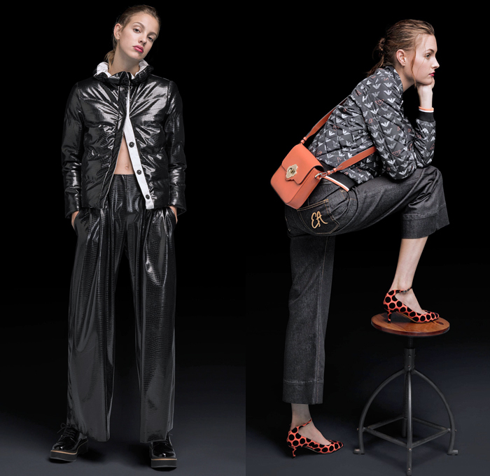 Emporio Armani 2018 Pre Fall Autumn Womens Lookbook Presentation - Quilted Waffle Puffer Outerwear Overcoat Bomber Jacket Pantsuit Plush Fur Long Sleeve Blouse Shirt Chunky Knit Sweater Ribbed Cardigan Shawl Satin Pussycat Bow Ribbon Geometric Velvet Sheer Chiffon Stripes Dress Bootcut Denim Jeans Shorts Snakeskin Kitten Heels Polka Dots Crossbody Bag Logo Mini Micro Bag Metallic Studs Hat Fedora Chain Thigh High Above The Knee Leather Boots High Tops Trainers