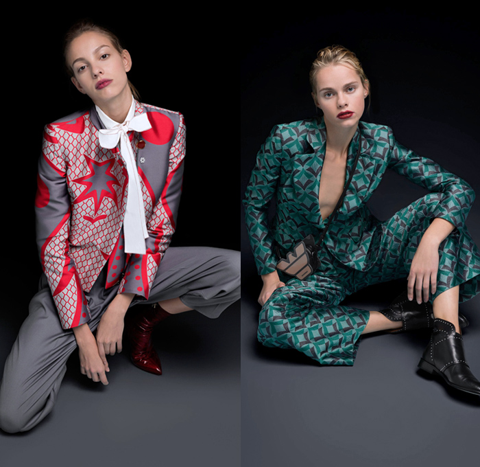 Emporio Armani 2018 Pre Fall Autumn Womens Lookbook Presentation - Quilted Waffle Puffer Outerwear Overcoat Bomber Jacket Pantsuit Plush Fur Long Sleeve Blouse Shirt Chunky Knit Sweater Ribbed Cardigan Shawl Satin Pussycat Bow Ribbon Geometric Velvet Sheer Chiffon Stripes Dress Bootcut Denim Jeans Shorts Snakeskin Kitten Heels Polka Dots Crossbody Bag Logo Mini Micro Bag Metallic Studs Hat Fedora Chain Thigh High Above The Knee Leather Boots High Tops Trainers