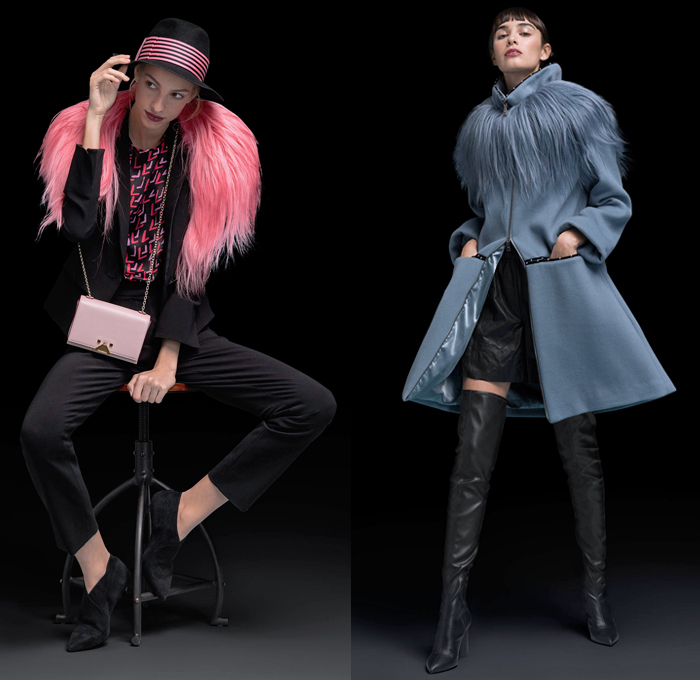 Emporio Armani 2018 Pre Fall Autumn Womens Lookbook Presentation - Quilted Waffle Puffer Outerwear Overcoat Bomber Jacket Pantsuit Plush Fur Long Sleeve Blouse Shirt Chunky Knit Sweater Ribbed Cardigan Shawl Satin Pussycat Bow Ribbon Geometric Velvet Sheer Chiffon Stripes Dress Bootcut Denim Jeans Shorts Snakeskin Kitten Heels Polka Dots Crossbody Bag Logo Mini Micro Bag Metallic Studs Hat Fedora Chain Thigh High Above The Knee Leather Boots High Tops Trainers