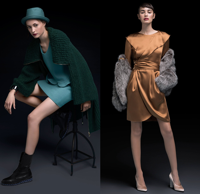 Emporio Armani 2018 Pre Fall Autumn Womens Lookbook Presentation - Quilted Waffle Puffer Outerwear Overcoat Bomber Jacket Pantsuit Plush Fur Long Sleeve Blouse Shirt Chunky Knit Sweater Ribbed Cardigan Shawl Satin Pussycat Bow Ribbon Geometric Velvet Sheer Chiffon Stripes Dress Bootcut Denim Jeans Shorts Snakeskin Kitten Heels Polka Dots Crossbody Bag Logo Mini Micro Bag Metallic Studs Hat Fedora Chain Thigh High Above The Knee Leather Boots High Tops Trainers