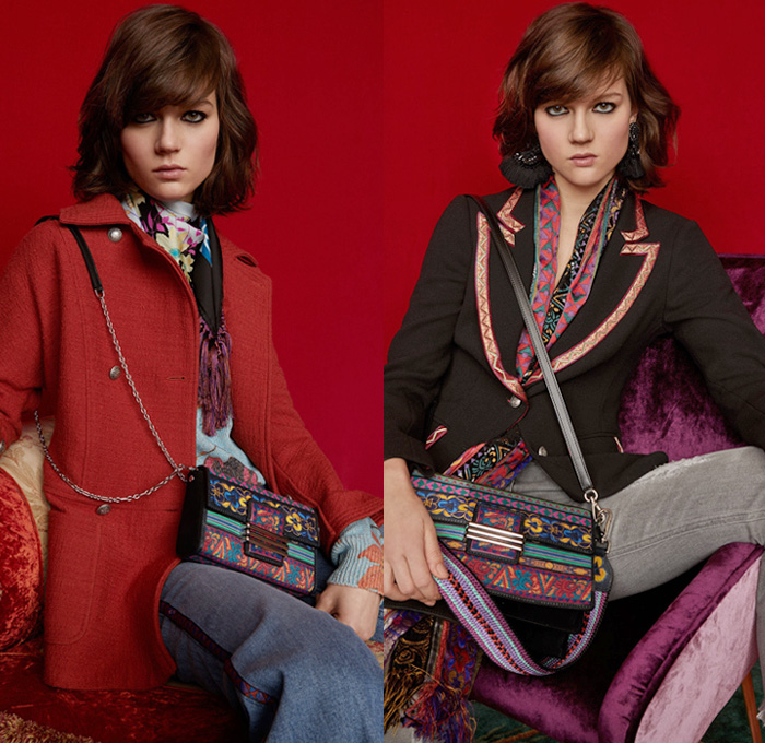 Etro 2018 Pre Fall Autumn Womens Lookbook Presentation - Denim Jeans Tuxedo Stripe Frayed Raw Hem Destroyed Flare Outerwear Coat Kimono Robe Wool Jacket Knit Sweater Crop Top Midriff Pantsuit Maxi Dress One Shoulder Scarf Fringes Ornamental Decorative Art Brocade Jacquard Satin Flowers Floral Wide Leg Trousers Palazzo Pants Ruffles Tiered Stripes Paisley Zigzag Crossbody Bag Boots Suede Chain Heels