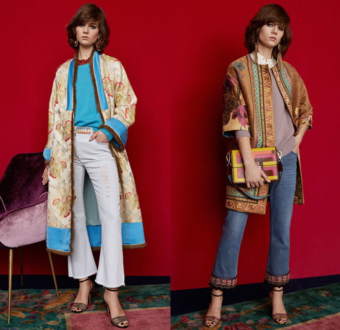 Etro 2018 Pre Fall Autumn Womens Lookbook Presentation - Denim Jeans Tuxedo Stripe Frayed Raw Hem Destroyed Flare Outerwear Coat Kimono Robe Wool Jacket Knit Sweater Crop Top Midriff Pantsuit Maxi Dress One Shoulder Scarf Fringes Ornamental Decorative Art Brocade Jacquard Satin Flowers Floral Wide Leg Trousers Palazzo Pants Ruffles Tiered Stripes Paisley Zigzag Crossbody Bag Boots Suede Chain Heels