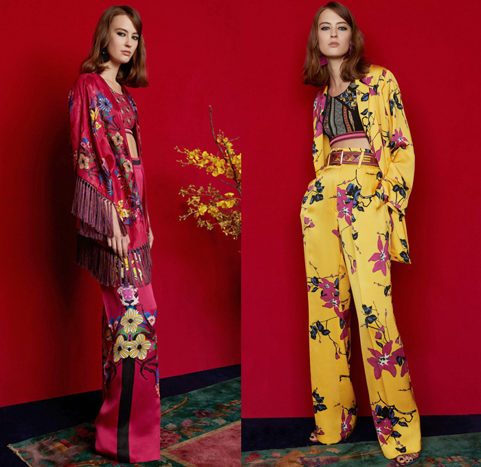 Etro 2018 Pre Fall Autumn Womens Lookbook Presentation - Denim Jeans Tuxedo Stripe Frayed Raw Hem Destroyed Flare Outerwear Coat Kimono Robe Wool Jacket Knit Sweater Crop Top Midriff Pantsuit Maxi Dress One Shoulder Scarf Fringes Ornamental Decorative Art Brocade Jacquard Satin Flowers Floral Wide Leg Trousers Palazzo Pants Ruffles Tiered Stripes Paisley Zigzag Crossbody Bag Boots Suede Chain Heels