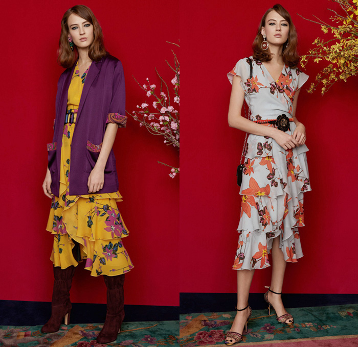 Etro 2018 Pre Fall Autumn Womens Lookbook Presentation - Denim Jeans Tuxedo Stripe Frayed Raw Hem Destroyed Flare Outerwear Coat Kimono Robe Wool Jacket Knit Sweater Crop Top Midriff Pantsuit Maxi Dress One Shoulder Scarf Fringes Ornamental Decorative Art Brocade Jacquard Satin Flowers Floral Wide Leg Trousers Palazzo Pants Ruffles Tiered Stripes Paisley Zigzag Crossbody Bag Boots Suede Chain Heels