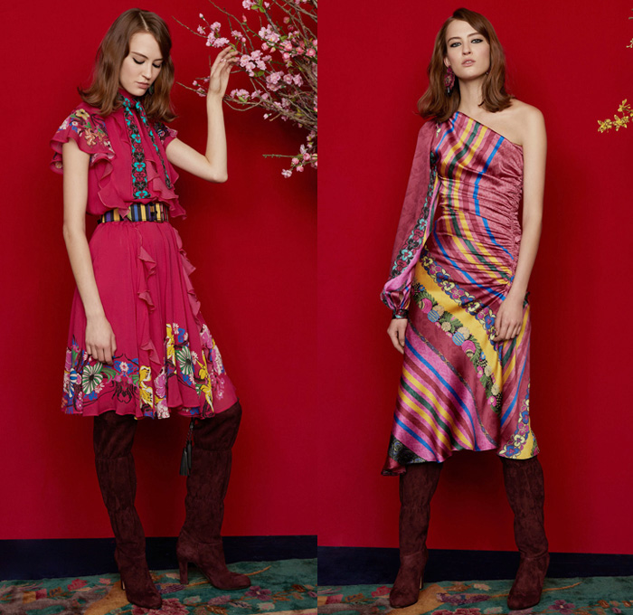 Etro 2018 Pre Fall Autumn Womens Lookbook Presentation - Denim Jeans Tuxedo Stripe Frayed Raw Hem Destroyed Flare Outerwear Coat Kimono Robe Wool Jacket Knit Sweater Crop Top Midriff Pantsuit Maxi Dress One Shoulder Scarf Fringes Ornamental Decorative Art Brocade Jacquard Satin Flowers Floral Wide Leg Trousers Palazzo Pants Ruffles Tiered Stripes Paisley Zigzag Crossbody Bag Boots Suede Chain Heels