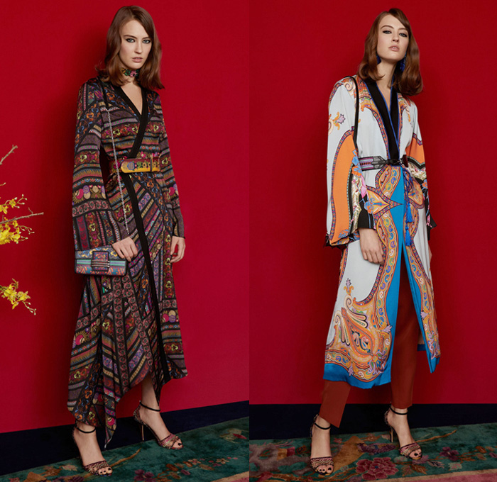 Etro 2018 Pre Fall Autumn Womens Lookbook Presentation - Denim Jeans Tuxedo Stripe Frayed Raw Hem Destroyed Flare Outerwear Coat Kimono Robe Wool Jacket Knit Sweater Crop Top Midriff Pantsuit Maxi Dress One Shoulder Scarf Fringes Ornamental Decorative Art Brocade Jacquard Satin Flowers Floral Wide Leg Trousers Palazzo Pants Ruffles Tiered Stripes Paisley Zigzag Crossbody Bag Boots Suede Chain Heels