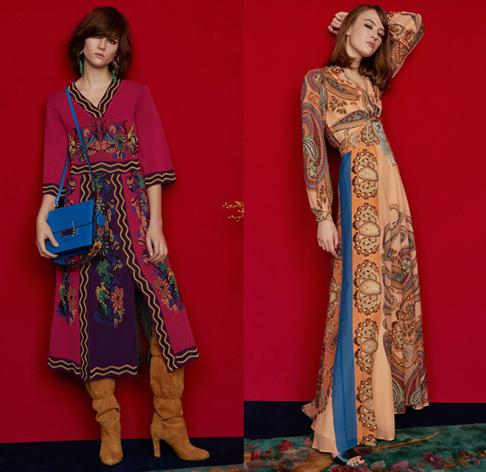 Etro 2018 Pre Fall Autumn Womens Lookbook Presentation - Denim Jeans Tuxedo Stripe Frayed Raw Hem Destroyed Flare Outerwear Coat Kimono Robe Wool Jacket Knit Sweater Crop Top Midriff Pantsuit Maxi Dress One Shoulder Scarf Fringes Ornamental Decorative Art Brocade Jacquard Satin Flowers Floral Wide Leg Trousers Palazzo Pants Ruffles Tiered Stripes Paisley Zigzag Crossbody Bag Boots Suede Chain Heels