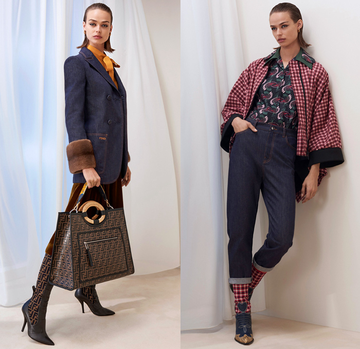 Fendi 2018 Pre Fall Autumn Womens Lookbook Presentation - Queen Of Hearts Lockets Print Graphic Motif Pattern Fair Isle Plaid Tartan Check Stripes Mesh Lasercut Flowers Floral Accordion Pleats Pussycat Bow Velvet Denim Jeans Parka Outerwear Trench Coat Cape Overcoat Plush Fur Shearling Shawl Knit Sweater Cardigan Pantsuit Bomber Jacket Blouse Sheer Chiffon Cutout Shoulders Skirt Wide Leg Trousers Palazzo Pants Dress Handbag Tote Bucket Bag Western Cowgirl Boots Hat Socks Heels