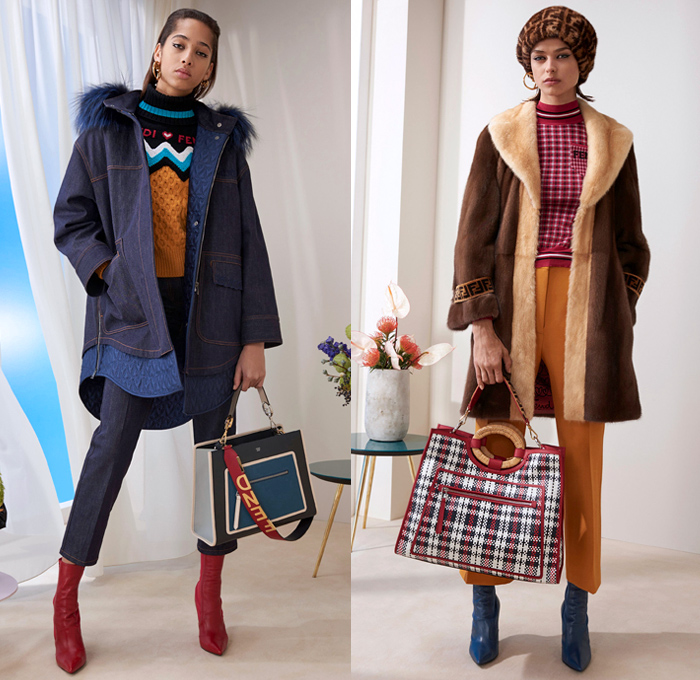 Fendi 2018 Pre Fall Autumn Womens Lookbook Presentation - Queen Of Hearts Lockets Print Graphic Motif Pattern Fair Isle Plaid Tartan Check Stripes Mesh Lasercut Flowers Floral Accordion Pleats Pussycat Bow Velvet Denim Jeans Parka Outerwear Trench Coat Cape Overcoat Plush Fur Shearling Shawl Knit Sweater Cardigan Pantsuit Bomber Jacket Blouse Sheer Chiffon Cutout Shoulders Skirt Wide Leg Trousers Palazzo Pants Dress Handbag Tote Bucket Bag Western Cowgirl Boots Hat Socks Heels