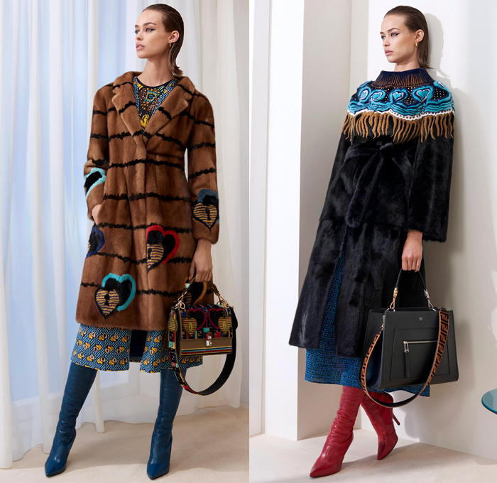 Fendi 2018 Pre Fall Autumn Womens Lookbook Presentation - Queen Of Hearts Lockets Print Graphic Motif Pattern Fair Isle Plaid Tartan Check Stripes Mesh Lasercut Flowers Floral Accordion Pleats Pussycat Bow Velvet Denim Jeans Parka Outerwear Trench Coat Cape Overcoat Plush Fur Shearling Shawl Knit Sweater Cardigan Pantsuit Bomber Jacket Blouse Sheer Chiffon Cutout Shoulders Skirt Wide Leg Trousers Palazzo Pants Dress Handbag Tote Bucket Bag Western Cowgirl Boots Hat Socks Heels