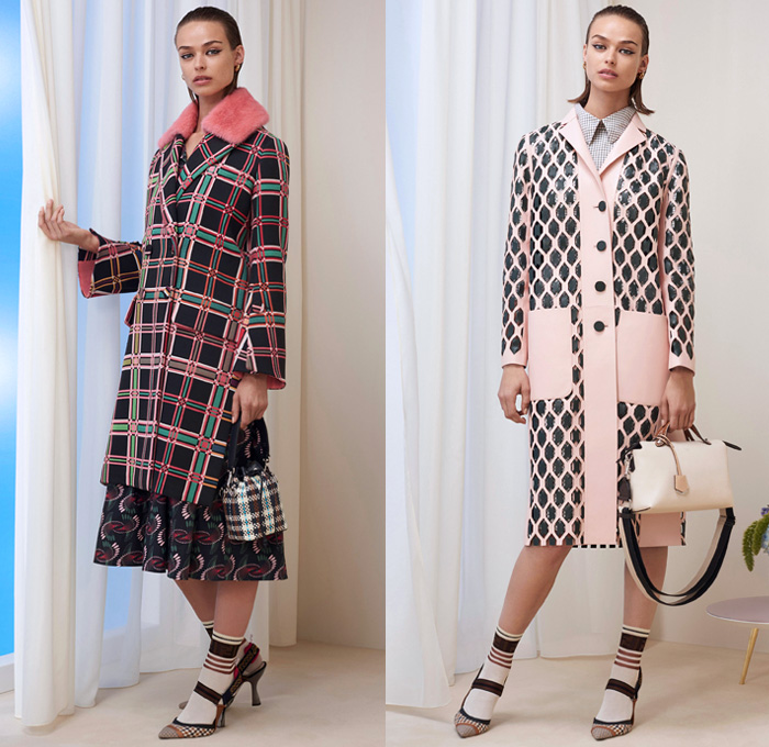 Fendi 2018 Pre Fall Autumn Womens Lookbook Presentation - Queen Of Hearts Lockets Print Graphic Motif Pattern Fair Isle Plaid Tartan Check Stripes Mesh Lasercut Flowers Floral Accordion Pleats Pussycat Bow Velvet Denim Jeans Parka Outerwear Trench Coat Cape Overcoat Plush Fur Shearling Shawl Knit Sweater Cardigan Pantsuit Bomber Jacket Blouse Sheer Chiffon Cutout Shoulders Skirt Wide Leg Trousers Palazzo Pants Dress Handbag Tote Bucket Bag Western Cowgirl Boots Hat Socks Heels