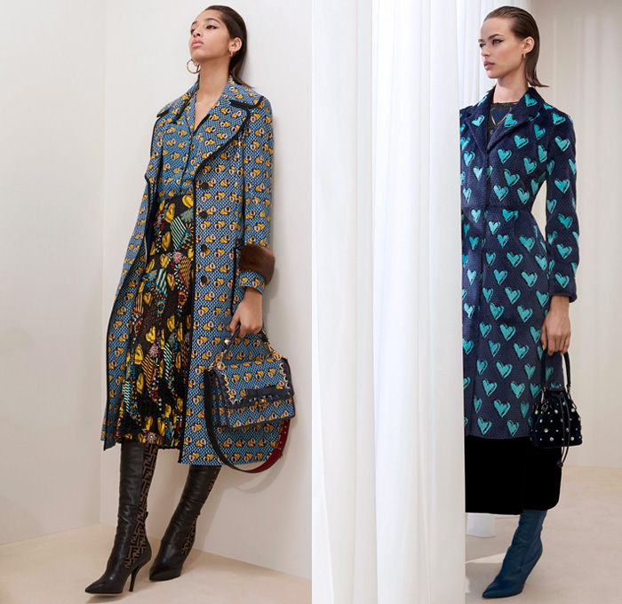 Fendi 2018 Pre Fall Autumn Womens Lookbook Presentation - Queen Of Hearts Lockets Print Graphic Motif Pattern Fair Isle Plaid Tartan Check Stripes Mesh Lasercut Flowers Floral Accordion Pleats Pussycat Bow Velvet Denim Jeans Parka Outerwear Trench Coat Cape Overcoat Plush Fur Shearling Shawl Knit Sweater Cardigan Pantsuit Bomber Jacket Blouse Sheer Chiffon Cutout Shoulders Skirt Wide Leg Trousers Palazzo Pants Dress Handbag Tote Bucket Bag Western Cowgirl Boots Hat Socks Heels