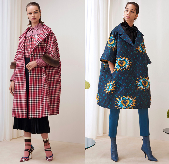 Fendi 2018 Pre Fall Autumn Womens Lookbook Presentation - Queen Of Hearts Lockets Print Graphic Motif Pattern Fair Isle Plaid Tartan Check Stripes Mesh Lasercut Flowers Floral Accordion Pleats Pussycat Bow Velvet Denim Jeans Parka Outerwear Trench Coat Cape Overcoat Plush Fur Shearling Shawl Knit Sweater Cardigan Pantsuit Bomber Jacket Blouse Sheer Chiffon Cutout Shoulders Skirt Wide Leg Trousers Palazzo Pants Dress Handbag Tote Bucket Bag Western Cowgirl Boots Hat Socks Heels