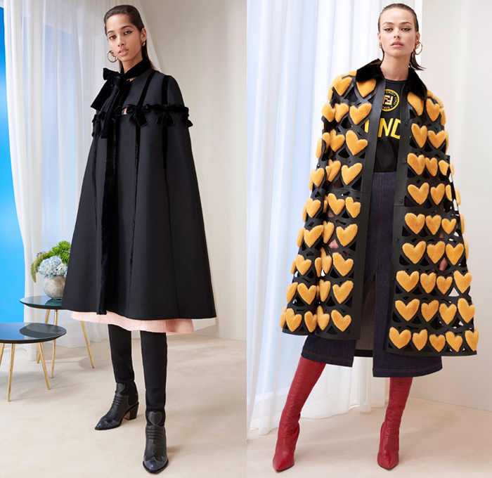 Fendi 2018 Pre Fall Autumn Womens Lookbook Presentation - Queen Of Hearts Lockets Print Graphic Motif Pattern Fair Isle Plaid Tartan Check Stripes Mesh Lasercut Flowers Floral Accordion Pleats Pussycat Bow Velvet Denim Jeans Parka Outerwear Trench Coat Cape Overcoat Plush Fur Shearling Shawl Knit Sweater Cardigan Pantsuit Bomber Jacket Blouse Sheer Chiffon Cutout Shoulders Skirt Wide Leg Trousers Palazzo Pants Dress Handbag Tote Bucket Bag Western Cowgirl Boots Hat Socks Heels