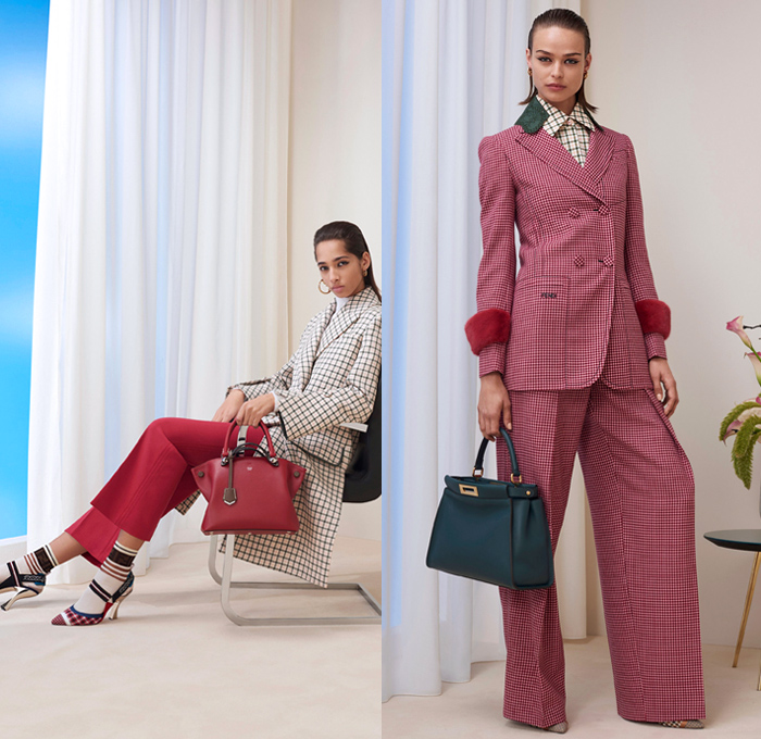 Fendi 2018 Pre Fall Autumn Womens Lookbook Presentation - Queen Of Hearts Lockets Print Graphic Motif Pattern Fair Isle Plaid Tartan Check Stripes Mesh Lasercut Flowers Floral Accordion Pleats Pussycat Bow Velvet Denim Jeans Parka Outerwear Trench Coat Cape Overcoat Plush Fur Shearling Shawl Knit Sweater Cardigan Pantsuit Bomber Jacket Blouse Sheer Chiffon Cutout Shoulders Skirt Wide Leg Trousers Palazzo Pants Dress Handbag Tote Bucket Bag Western Cowgirl Boots Hat Socks Heels