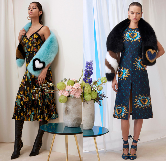 Fendi 2018 Pre Fall Autumn Womens Lookbook Presentation - Queen Of Hearts Lockets Print Graphic Motif Pattern Fair Isle Plaid Tartan Check Stripes Mesh Lasercut Flowers Floral Accordion Pleats Pussycat Bow Velvet Denim Jeans Parka Outerwear Trench Coat Cape Overcoat Plush Fur Shearling Shawl Knit Sweater Cardigan Pantsuit Bomber Jacket Blouse Sheer Chiffon Cutout Shoulders Skirt Wide Leg Trousers Palazzo Pants Dress Handbag Tote Bucket Bag Western Cowgirl Boots Hat Socks Heels