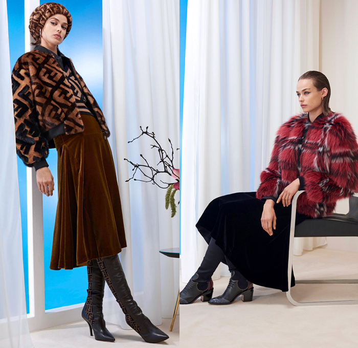 Fendi 2018 Pre Fall Autumn Womens Lookbook Presentation - Queen Of Hearts Lockets Print Graphic Motif Pattern Fair Isle Plaid Tartan Check Stripes Mesh Lasercut Flowers Floral Accordion Pleats Pussycat Bow Velvet Denim Jeans Parka Outerwear Trench Coat Cape Overcoat Plush Fur Shearling Shawl Knit Sweater Cardigan Pantsuit Bomber Jacket Blouse Sheer Chiffon Cutout Shoulders Skirt Wide Leg Trousers Palazzo Pants Dress Handbag Tote Bucket Bag Western Cowgirl Boots Hat Socks Heels