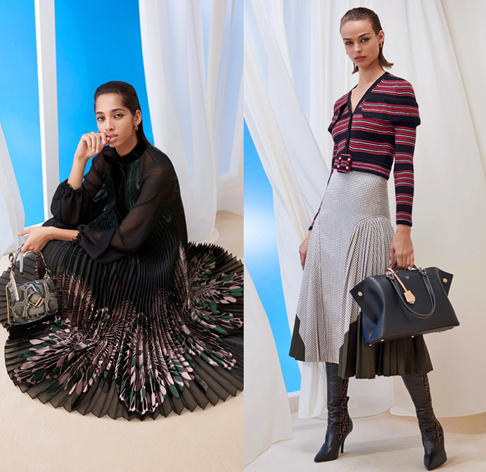 Fendi 2018 Pre Fall Autumn Womens Lookbook Presentation - Queen Of Hearts Lockets Print Graphic Motif Pattern Fair Isle Plaid Tartan Check Stripes Mesh Lasercut Flowers Floral Accordion Pleats Pussycat Bow Velvet Denim Jeans Parka Outerwear Trench Coat Cape Overcoat Plush Fur Shearling Shawl Knit Sweater Cardigan Pantsuit Bomber Jacket Blouse Sheer Chiffon Cutout Shoulders Skirt Wide Leg Trousers Palazzo Pants Dress Handbag Tote Bucket Bag Western Cowgirl Boots Hat Socks Heels