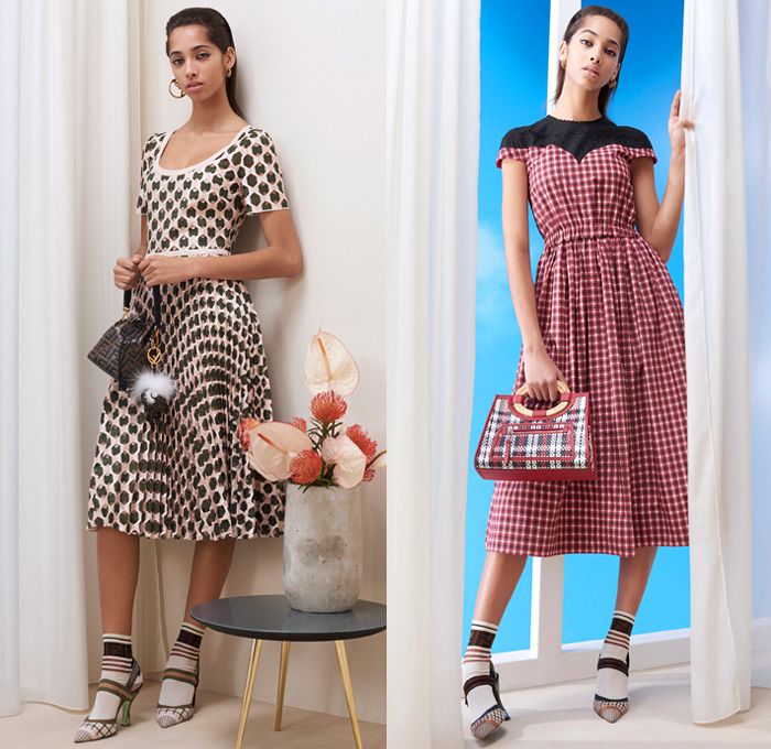 Fendi 2018 Pre Fall Autumn Womens Lookbook Presentation - Queen Of Hearts Lockets Print Graphic Motif Pattern Fair Isle Plaid Tartan Check Stripes Mesh Lasercut Flowers Floral Accordion Pleats Pussycat Bow Velvet Denim Jeans Parka Outerwear Trench Coat Cape Overcoat Plush Fur Shearling Shawl Knit Sweater Cardigan Pantsuit Bomber Jacket Blouse Sheer Chiffon Cutout Shoulders Skirt Wide Leg Trousers Palazzo Pants Dress Handbag Tote Bucket Bag Western Cowgirl Boots Hat Socks Heels