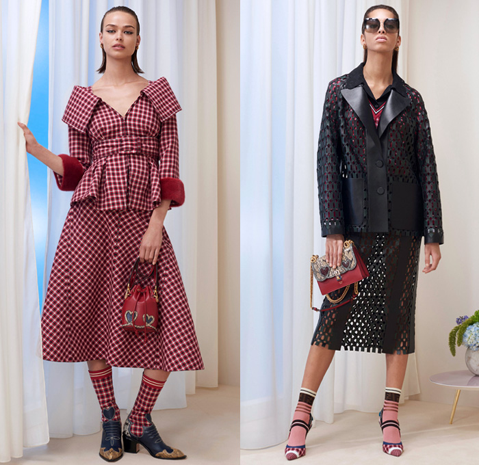 Fendi 2018 Pre Fall Autumn Womens Lookbook Presentation - Queen Of Hearts Lockets Print Graphic Motif Pattern Fair Isle Plaid Tartan Check Stripes Mesh Lasercut Flowers Floral Accordion Pleats Pussycat Bow Velvet Denim Jeans Parka Outerwear Trench Coat Cape Overcoat Plush Fur Shearling Shawl Knit Sweater Cardigan Pantsuit Bomber Jacket Blouse Sheer Chiffon Cutout Shoulders Skirt Wide Leg Trousers Palazzo Pants Dress Handbag Tote Bucket Bag Western Cowgirl Boots Hat Socks Heels