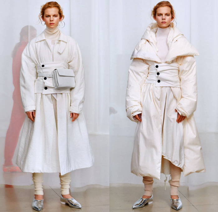 Jil Sander 2018 Pre Fall Autumn Womens Lookbook Presentation - Oversized Outerwear Parka Blazer Quilted Puffer Down Coat Pantsuit Turtleneck Vest Leather Tailoring Elongated Asymmetrical Angular Handkerchief Hem Wide Band Corset Fold Over Wrap Cargo Pockets Cinch Brocade Jacquard Flowers Floral Plaid Check Wool Knit Crochet Scarf Buttons Blouse Shirt Plastic Bedazzled Sequins Spangles Paillettes Dress Skirt Leggings Fringes Fanny Pack Waist Pouch Belt Bag Handbag Ballerina Shoes