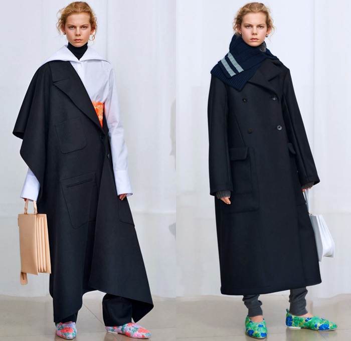 Jil Sander 2018 Pre Fall Autumn Womens Lookbook Presentation - Oversized Outerwear Parka Blazer Quilted Puffer Down Coat Pantsuit Turtleneck Vest Leather Tailoring Elongated Asymmetrical Angular Handkerchief Hem Wide Band Corset Fold Over Wrap Cargo Pockets Cinch Brocade Jacquard Flowers Floral Plaid Check Wool Knit Crochet Scarf Buttons Blouse Shirt Plastic Bedazzled Sequins Spangles Paillettes Dress Skirt Leggings Fringes Fanny Pack Waist Pouch Belt Bag Handbag Ballerina Shoes