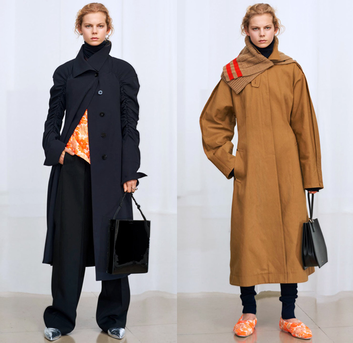 Jil Sander 2018 Pre Fall Autumn Womens Lookbook Presentation - Oversized Outerwear Parka Blazer Quilted Puffer Down Coat Pantsuit Turtleneck Vest Leather Tailoring Elongated Asymmetrical Angular Handkerchief Hem Wide Band Corset Fold Over Wrap Cargo Pockets Cinch Brocade Jacquard Flowers Floral Plaid Check Wool Knit Crochet Scarf Buttons Blouse Shirt Plastic Bedazzled Sequins Spangles Paillettes Dress Skirt Leggings Fringes Fanny Pack Waist Pouch Belt Bag Handbag Ballerina Shoes