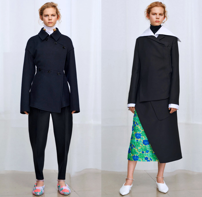 Jil Sander 2018 Pre Fall Autumn Womens Lookbook Presentation - Oversized Outerwear Parka Blazer Quilted Puffer Down Coat Pantsuit Turtleneck Vest Leather Tailoring Elongated Asymmetrical Angular Handkerchief Hem Wide Band Corset Fold Over Wrap Cargo Pockets Cinch Brocade Jacquard Flowers Floral Plaid Check Wool Knit Crochet Scarf Buttons Blouse Shirt Plastic Bedazzled Sequins Spangles Paillettes Dress Skirt Leggings Fringes Fanny Pack Waist Pouch Belt Bag Handbag Ballerina Shoes