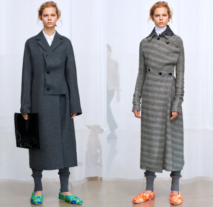 Jil Sander 2018 Pre Fall Autumn Womens Lookbook Presentation - Oversized Outerwear Parka Blazer Quilted Puffer Down Coat Pantsuit Turtleneck Vest Leather Tailoring Elongated Asymmetrical Angular Handkerchief Hem Wide Band Corset Fold Over Wrap Cargo Pockets Cinch Brocade Jacquard Flowers Floral Plaid Check Wool Knit Crochet Scarf Buttons Blouse Shirt Plastic Bedazzled Sequins Spangles Paillettes Dress Skirt Leggings Fringes Fanny Pack Waist Pouch Belt Bag Handbag Ballerina Shoes