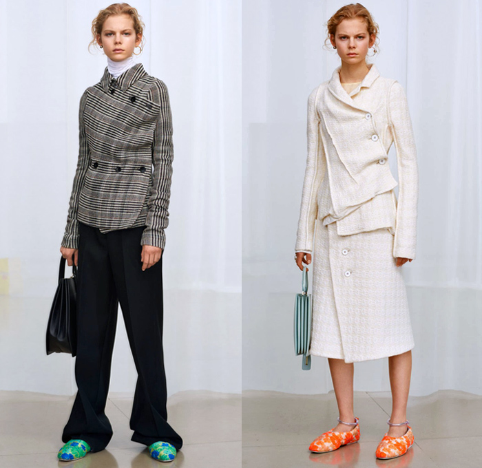 Jil Sander 2018 Pre Fall Autumn Womens Lookbook Presentation - Oversized Outerwear Parka Blazer Quilted Puffer Down Coat Pantsuit Turtleneck Vest Leather Tailoring Elongated Asymmetrical Angular Handkerchief Hem Wide Band Corset Fold Over Wrap Cargo Pockets Cinch Brocade Jacquard Flowers Floral Plaid Check Wool Knit Crochet Scarf Buttons Blouse Shirt Plastic Bedazzled Sequins Spangles Paillettes Dress Skirt Leggings Fringes Fanny Pack Waist Pouch Belt Bag Handbag Ballerina Shoes